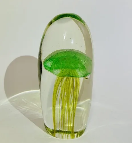 Vintage Glow In The Dark Art Glass Green Jelly Fish LARGE Paperw