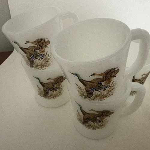 Fire King Milk Glass Coffee Mugs Goose,Duck,Grouse,Pheasant
