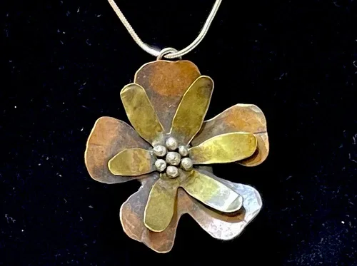 VINTAGE ARTISAN Made Tri Color Metal LARGE FLOWER PENDANT