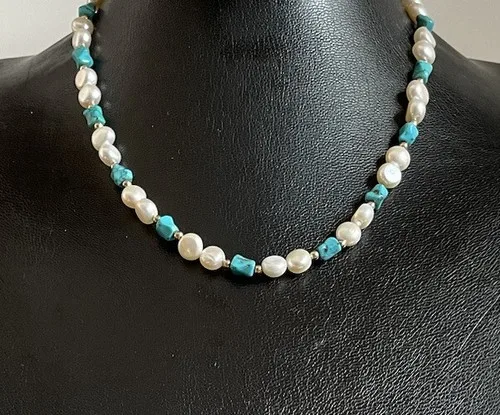 NATURAL TURQUOISE & WHITE PEARL NECKLACE