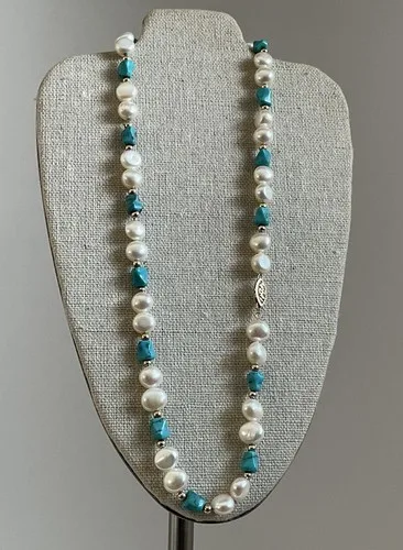 14k GOLD, TURQUOISE & WHITE PEARL NECKLACE image indicator(2)