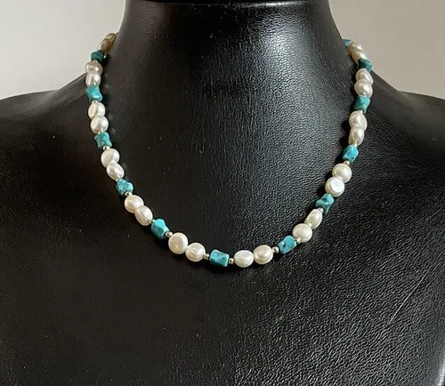 14k GOLD, TURQUOISE & WHITE PEARL NECKLACE image indicator(3)