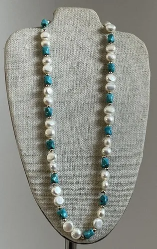 14k GOLD, TURQUOISE & WHITE PEARL NECKLACE image indicator(8)