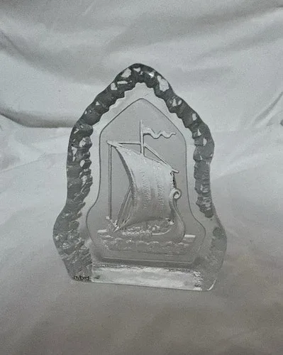 Nybro Art Glass Crystal Sculpture Paperweight Viking Ship