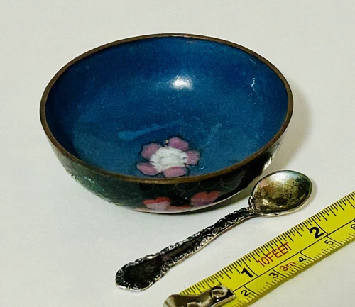 Vintage Cloisonné Enamel Open Salt Cellar & 925 spoon