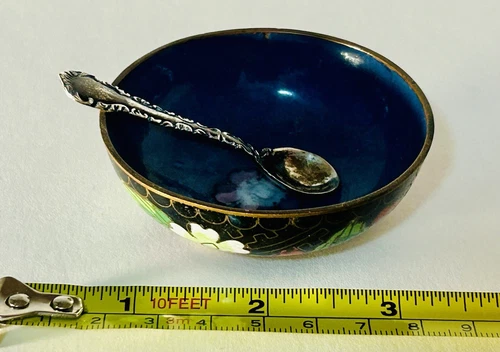 Vintage Cloisonné Enamel Open Salt Cellar & 925 spoon - photo 2