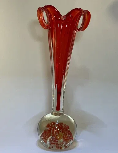 Mid Century Red/Orange Swung Glass Vase Paperweight
