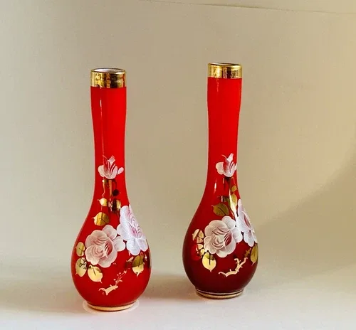 Set of 2 Art Glass Bud Vases Hand Painted Gold Leaves 8”