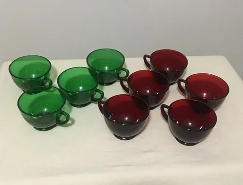 Anchor Hocking Depression Glass Cups 9 CHRISTMAS GREEN&RED