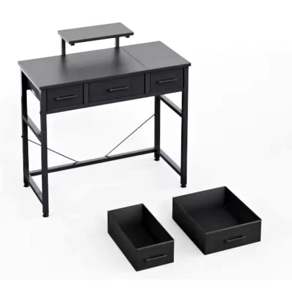 Black Computer Study Desk with Fabric Drawers