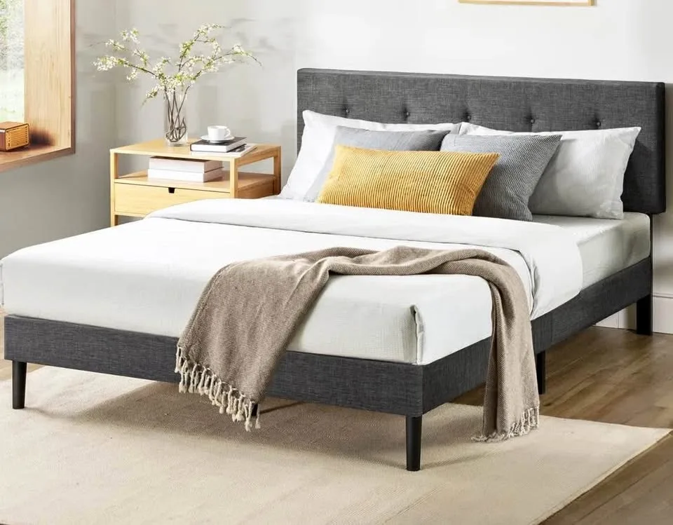 Midcentury gray fabric bed frame