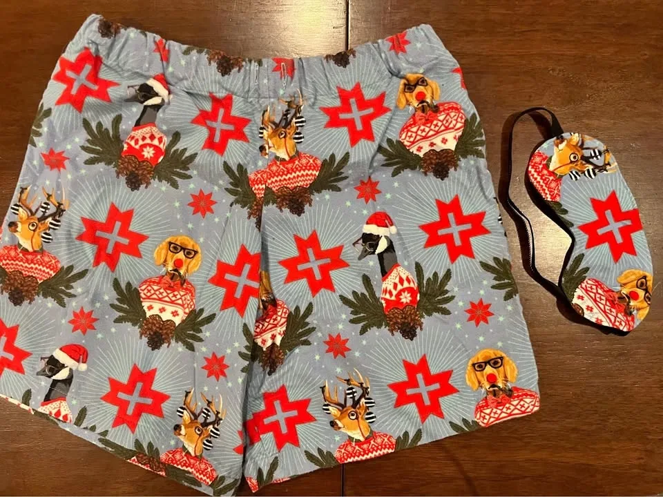 Christmas flannel shorts and eye mask