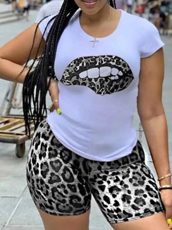 Women's Two Piece Set Lips Print T-shirt & Shorts (2x)