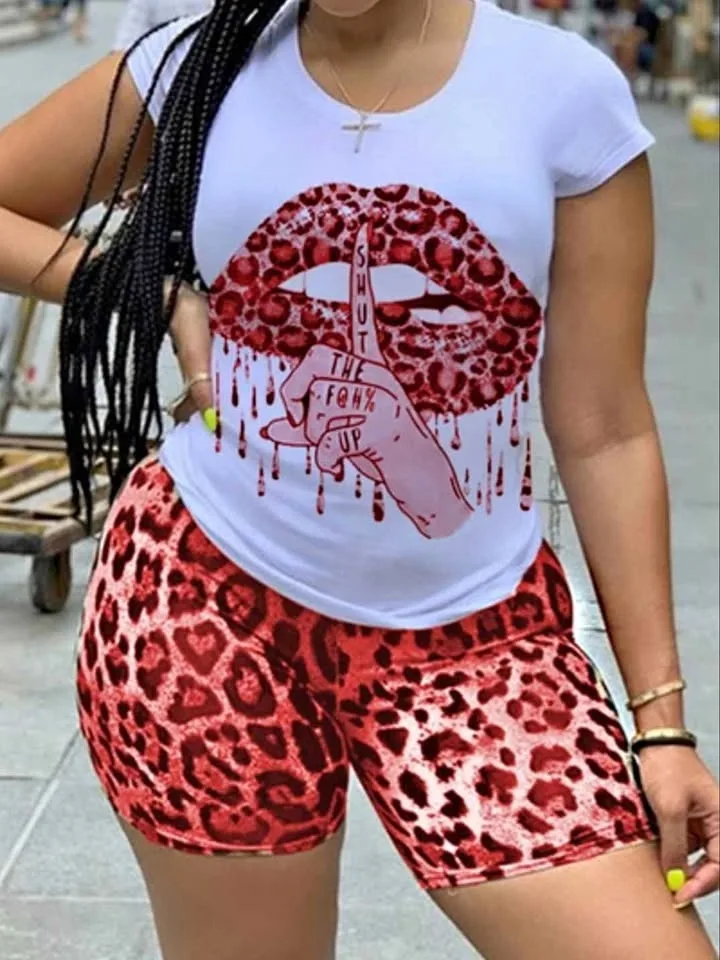 Women's Two Piece Set Lips Print T-shirt & Shorts (2x)
