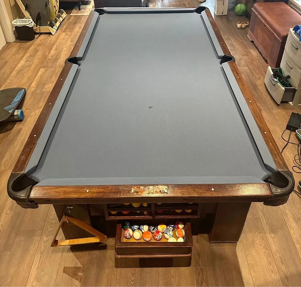 9’ Slate Pool Table - Recently Re-felted Antique Table