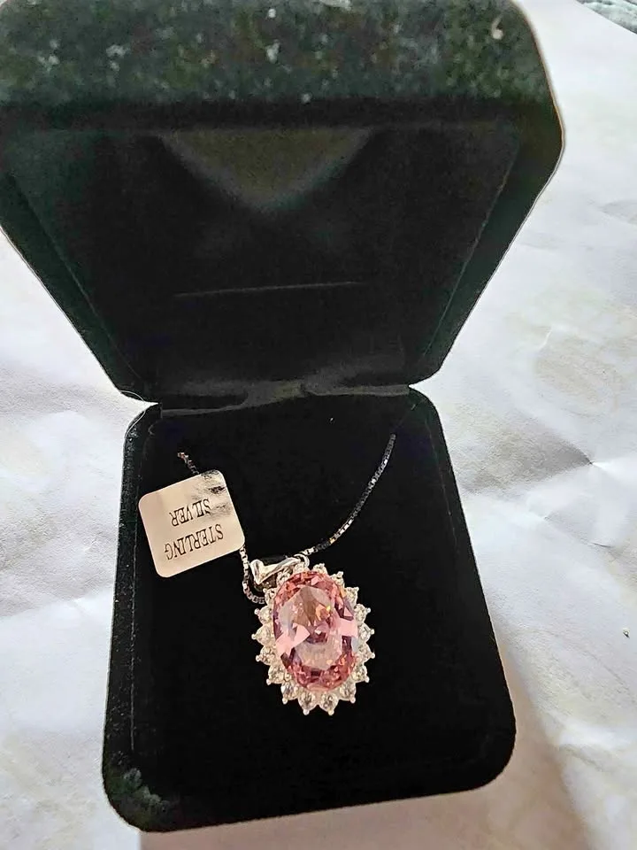 Sterling Silver Oval Pink Cubic Zirconia Necklace Set