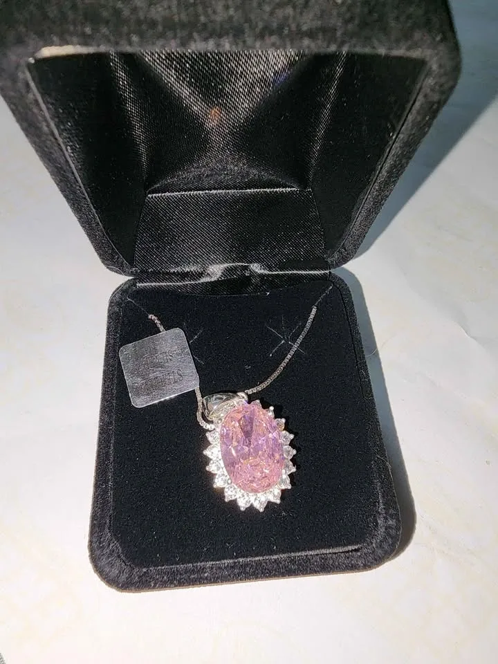 Sterling Silver Oval Pink Cubic Zirconia Necklace Set image indicator(2)