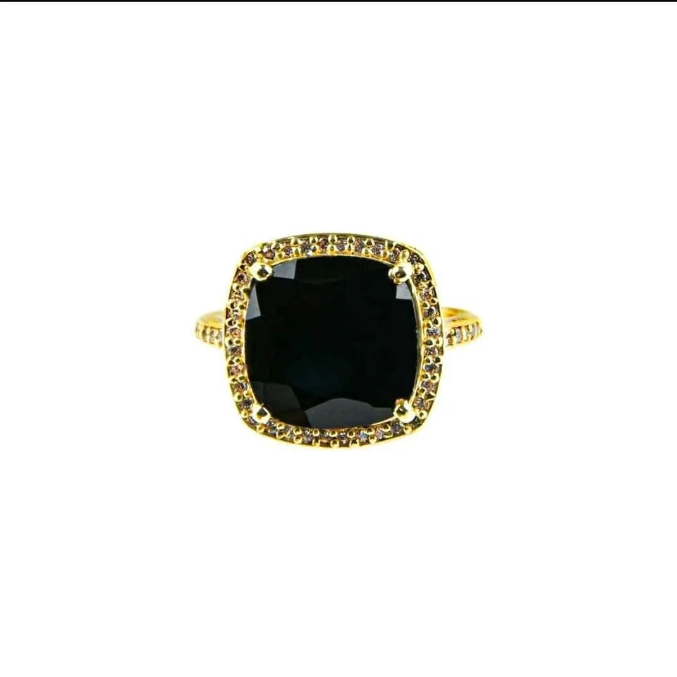 Cushion Cut Genuine Black Onyx Simulated Diamond Halo Ring Size