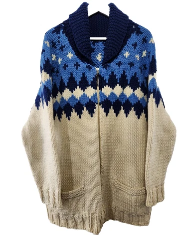 Incredible Hand Knit Blue Cream Fair Isle Yolk Wool Sweater