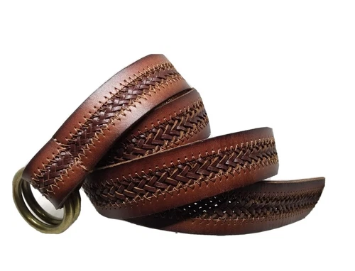 J. CREW Woven Brown Leather Double Brass Ring Unisex Belt