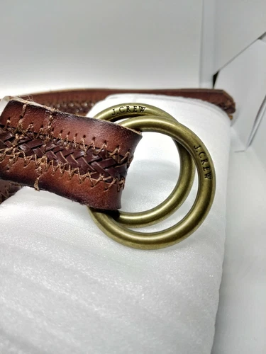 J. CREW Woven Brown Leather Double Brass Ring Unisex Belt - photo 5