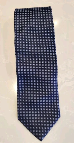 BOSS Navy Blue Silver Square Pattern 100% Silk Skinny Tie
