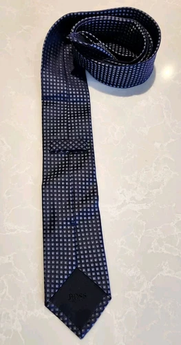 BOSS Navy Blue Silver Square Pattern 100% Silk Skinny Tie - photo 3