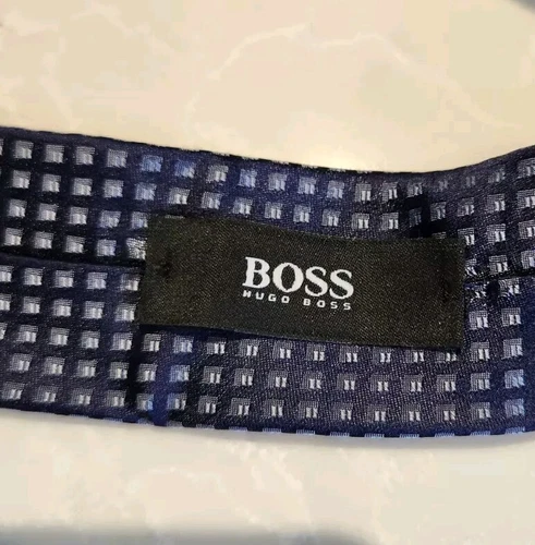 BOSS Navy Blue Silver Square Pattern 100% Silk Skinny Tie - photo 5