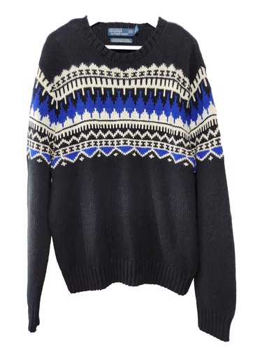 POLO RALPH LAUREN Black Blue Fair Isle Yolk Sweater sz XL