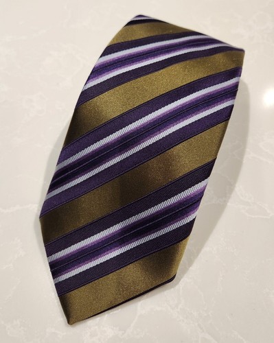 ERMENEGILDO ZEGNA Gold Purple White Stripe Neck Tie Silk Cotton