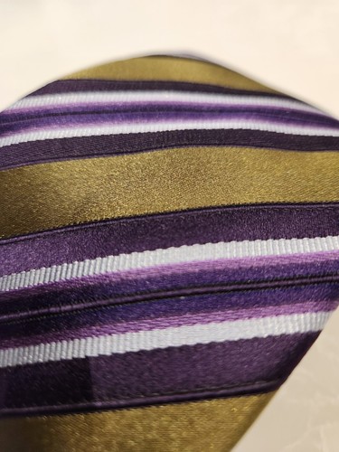 ERMENEGILDO ZEGNA Gold Purple White Stripe Neck Tie Silk Cotton - photo 2