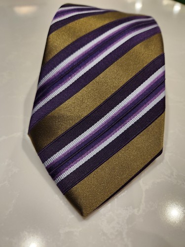 ERMENEGILDO ZEGNA Gold Purple White Stripe Neck Tie Silk Cotton - photo 3