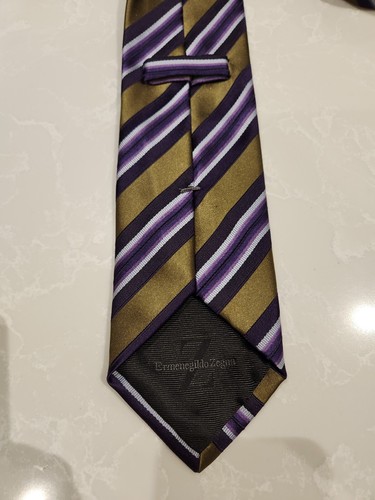 ERMENEGILDO ZEGNA Gold Purple White Stripe Neck Tie Silk Cotton - photo 4