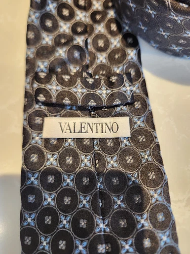 VALENTINO Black Circle Blue Flower Tie 100% Silk Italy - photo 5