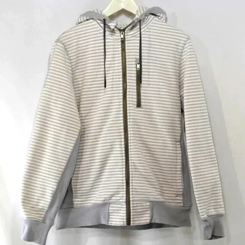 LULULEMON ATHLETICA Men Greyish Brown / White Striped Zip Up Hoo