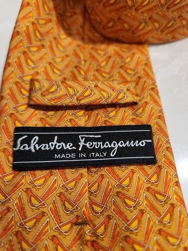 SALVATORE FERRAGAMO Orange Yellow Bird Silk Tie Italy - photo 4