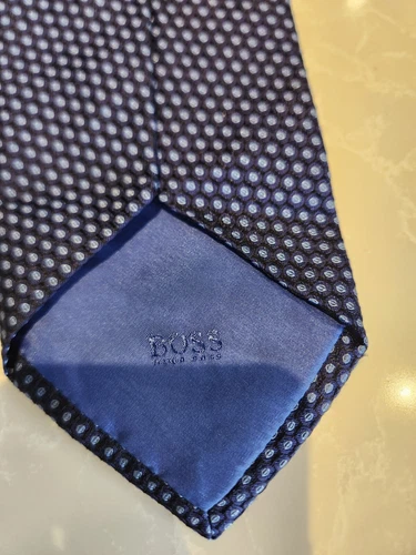 Funky BOSS Navy Blue Light Blue Polka Dot Silk Tie - photo 4