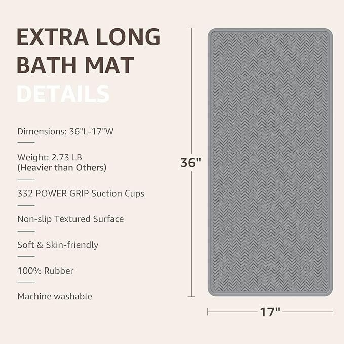 Bath Mat - Machine Washable Shower Anti Slip Mat (Grey, 36" x 17 - photo 2