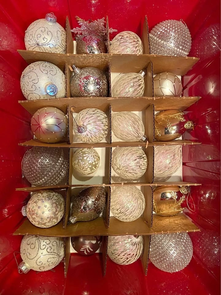 Ornaments in Red/Green Storage Container. 73 total