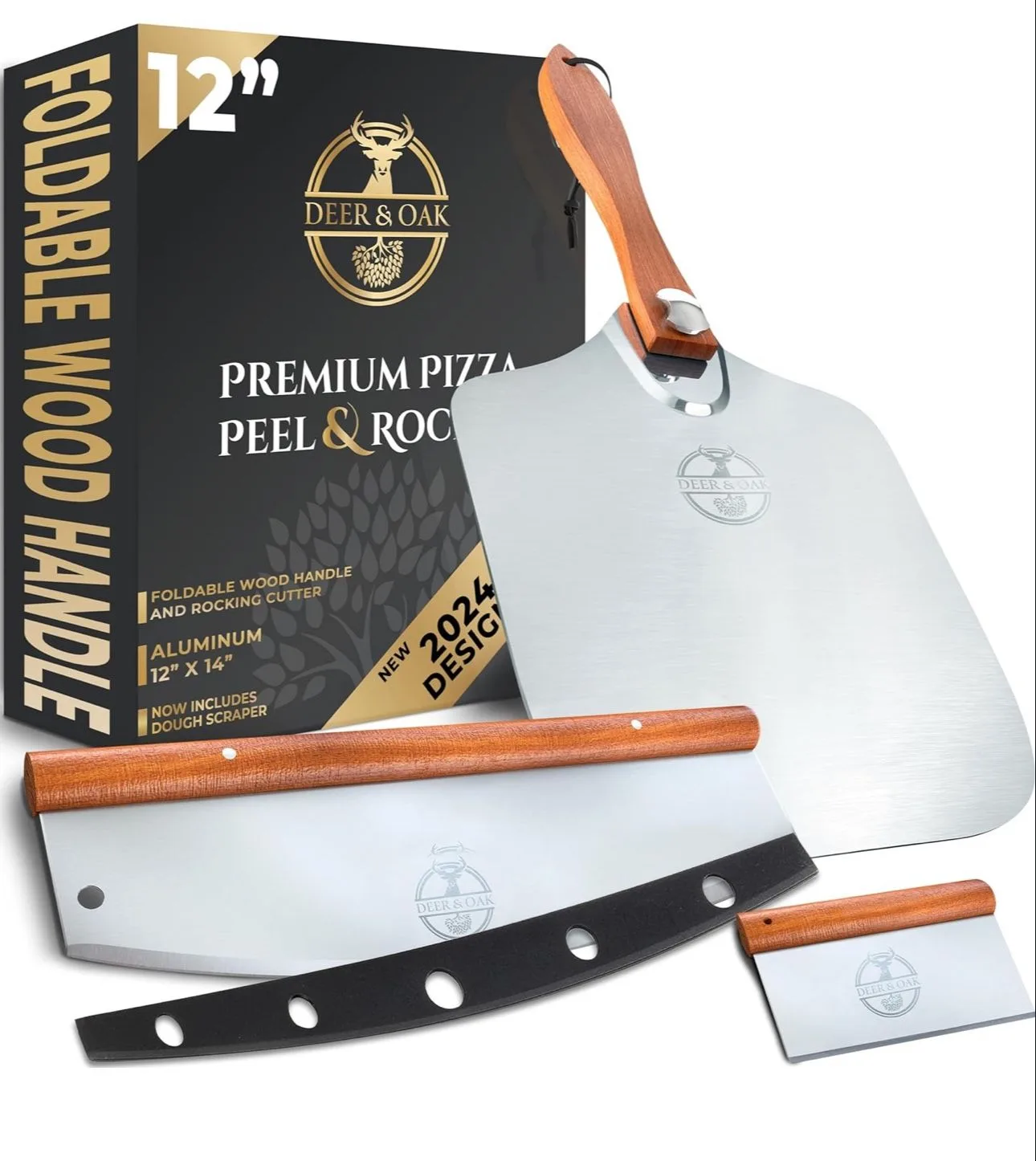Pizza Peel Set 12" x 14" (Peel, Rocker Cutter & Scraper)