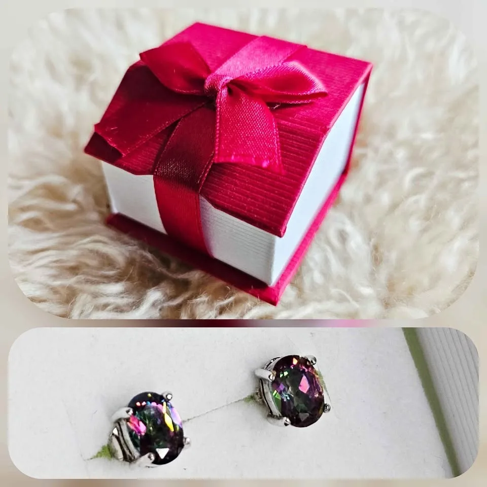 925 Mystic Fire Topaz Sterling Stud Earrings New In Red Gift Box