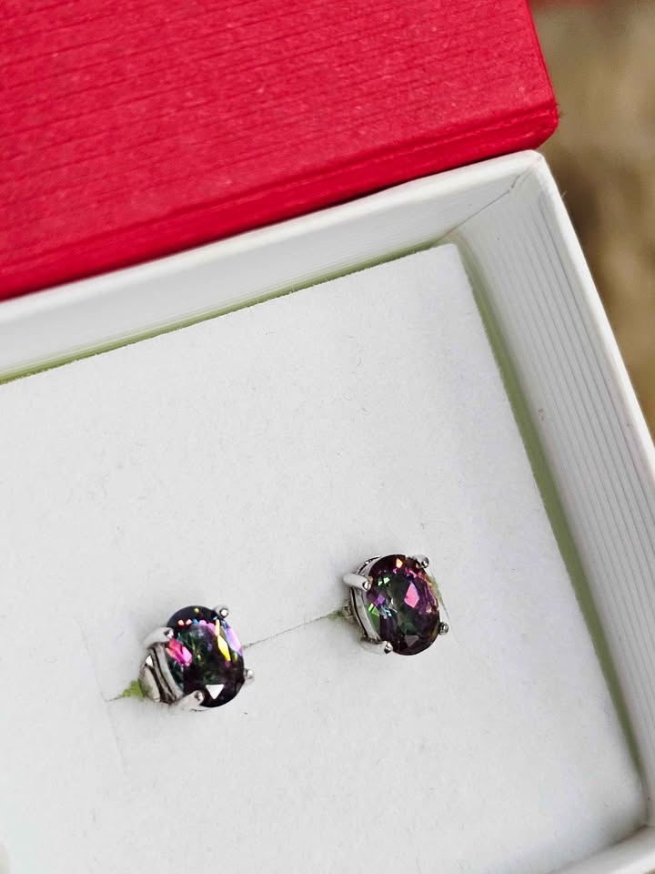 925 Mystic Fire Topaz Sterling Stud Earrings New In Red Gift Box - photo 3