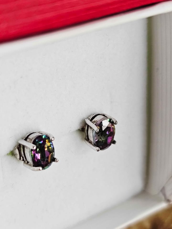 925 Mystic Fire Topaz Sterling Stud Earrings New In Red Gift Box - photo 4