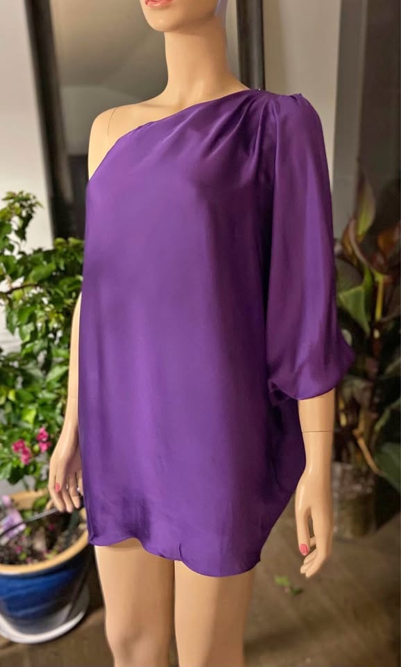 Aqua Purple Satin Embellished One-Shoulder Shift Dress