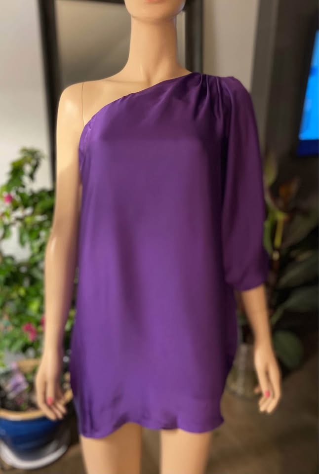 Aqua Purple Satin Embellished One-Shoulder Shift Dress - photo 2