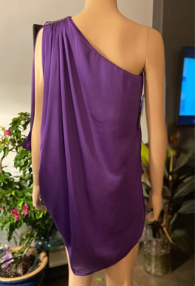 Aqua Purple Satin Embellished One-Shoulder Shift Dress - photo 3