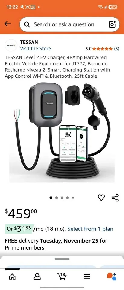 TESSAN Level 2 EV Charger, 48Amp Hardwired