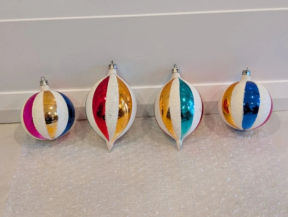 4 Polish Stripped Mercury Glass Christmas Tree Ornaments