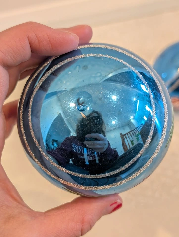 2 Blue Floral Sparkly Large Mercury Glass Ornaments Made in Pola - photo 4