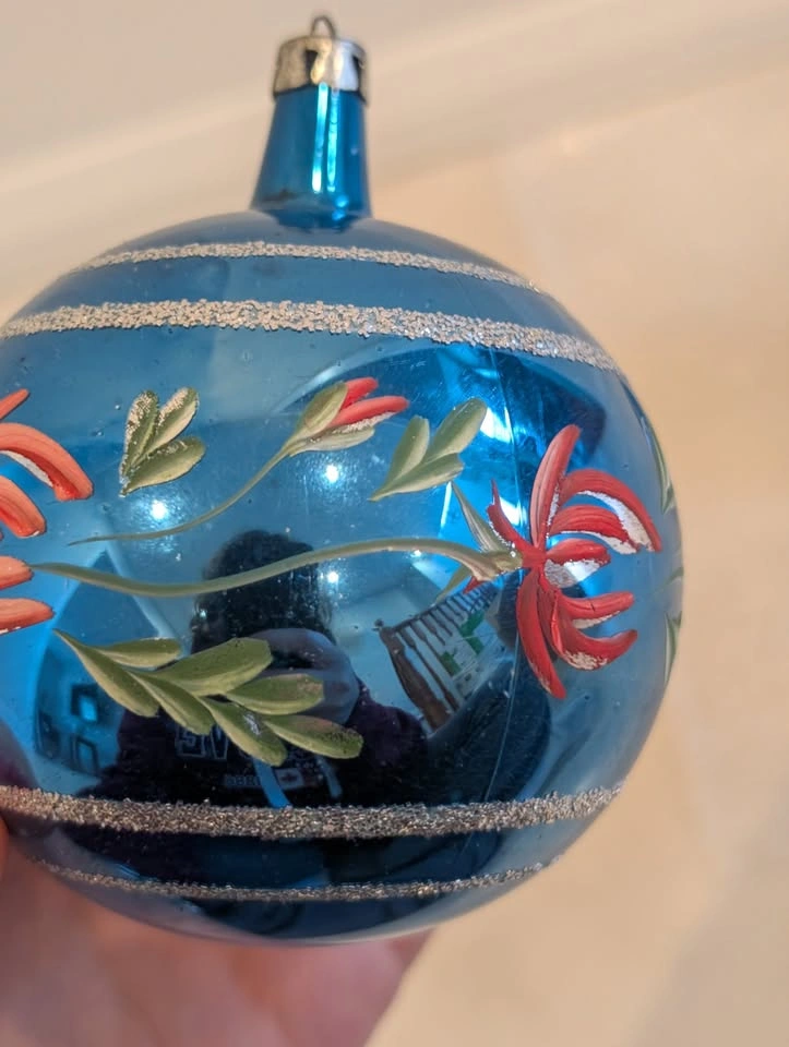 2 Blue Floral Sparkly Large Mercury Glass Ornaments Made in Pola - photo 5